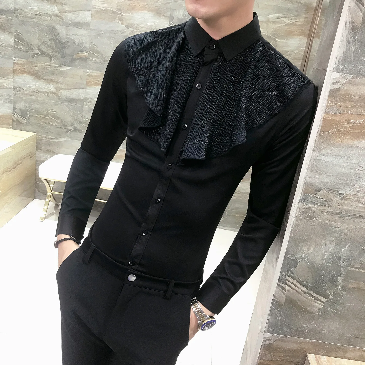 2018 Men Ruffle Tuxedo Shirt Slim Fit shirts Long Sleeve Dress Shirt