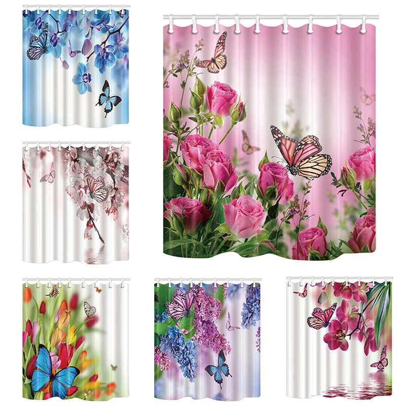 Günstig Rosa Pose Schmetterling Drucken Wasserdicht Dusch Vorhang Polyester Waschbar Stoff Bad Vorhang Hause Bad Vorhänge mit 12 Haken