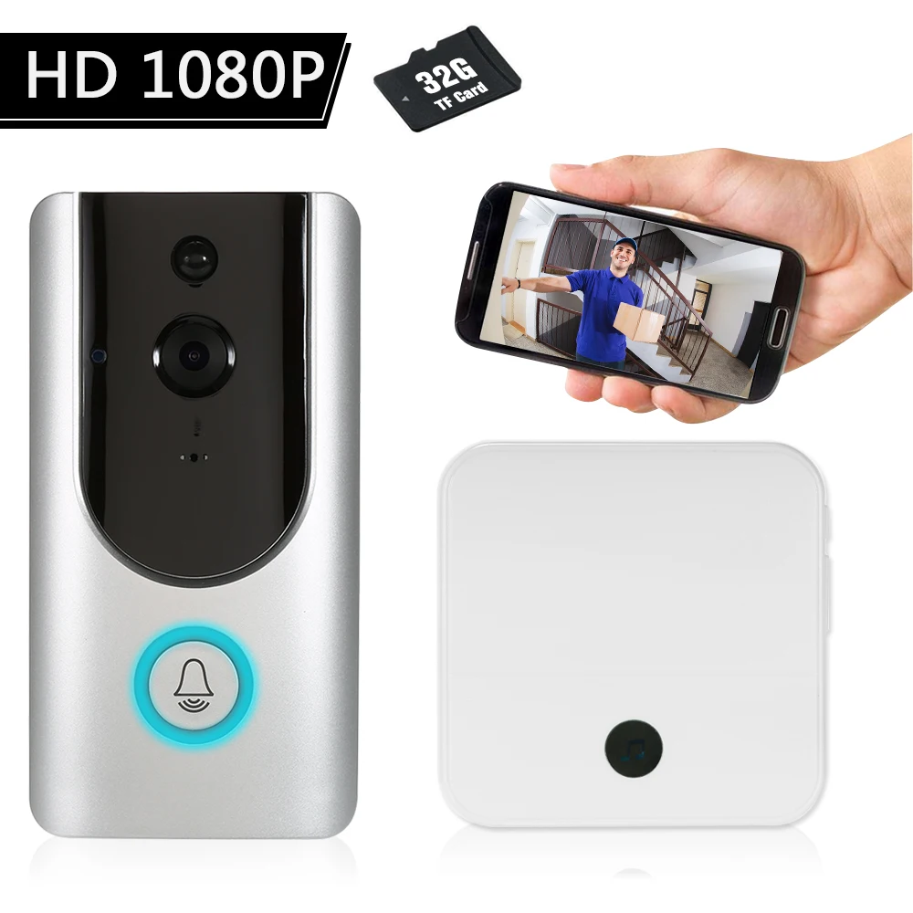 HD 1080P WiFi умный беспроводной дверной звонок 32G TF карта + 2 шт. 18650 батареи визуальный