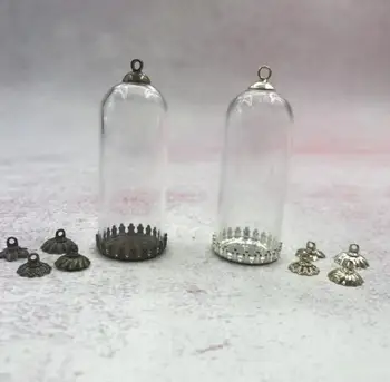

100pcs/lot 50x20mm Empty tube glass globes cover with bronze/silver crown tray copper metal caps jewelry necklace vial pendants