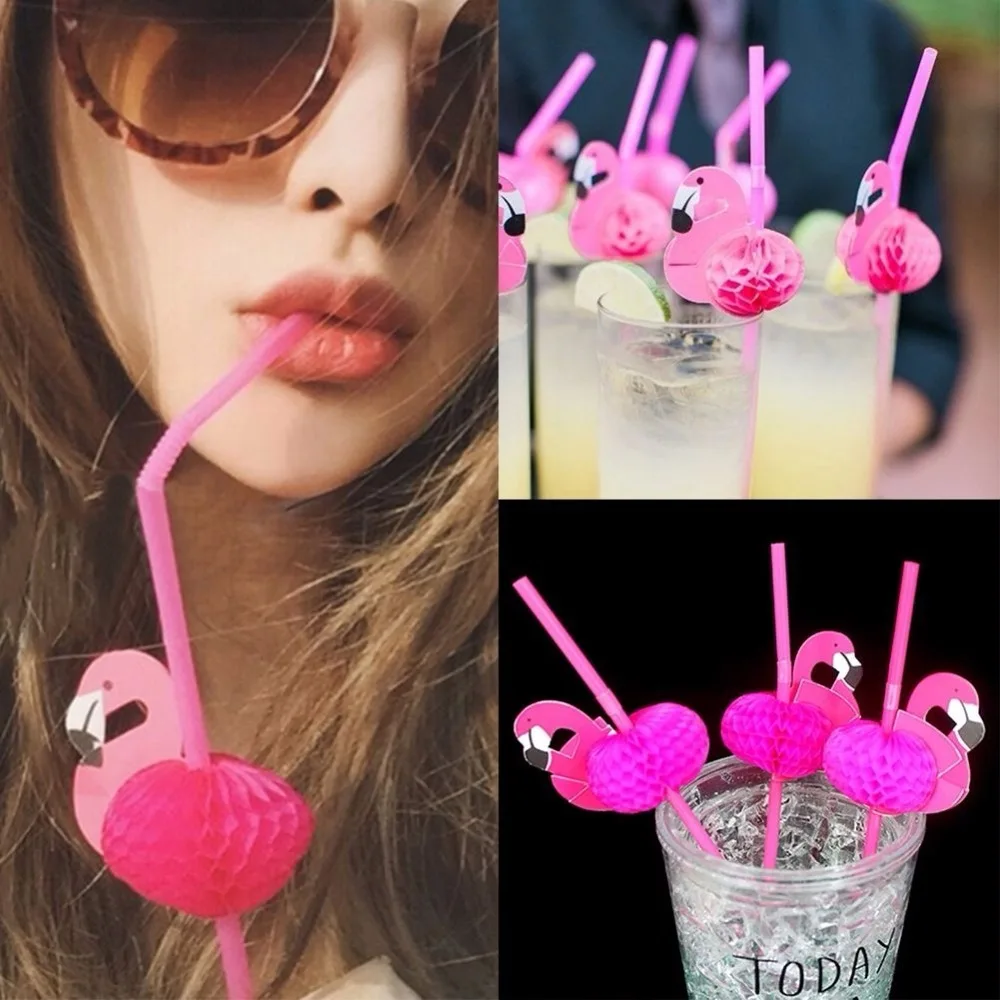 

Hot 50PCS Newly Flamingo Cocktail Drinking Straw Hawaiian Party Fun Colorful Drinking StrawAccessories