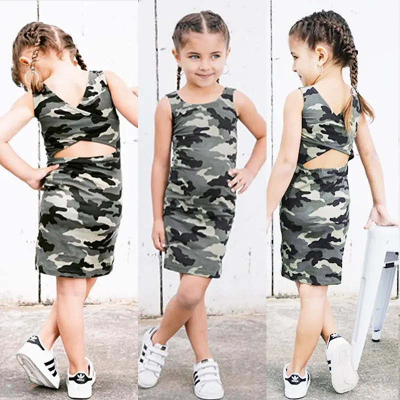 

2018 Toddler Kids Baby Girls Camo Backless Dress Clothes Little Gilr Party Casual Dresses Sundress Clothing Outfit