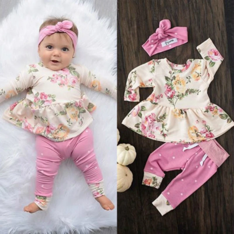 

Toddler Baby Girls Floral Tops Dress Pants Leggings Headband Outfits Clothes Set