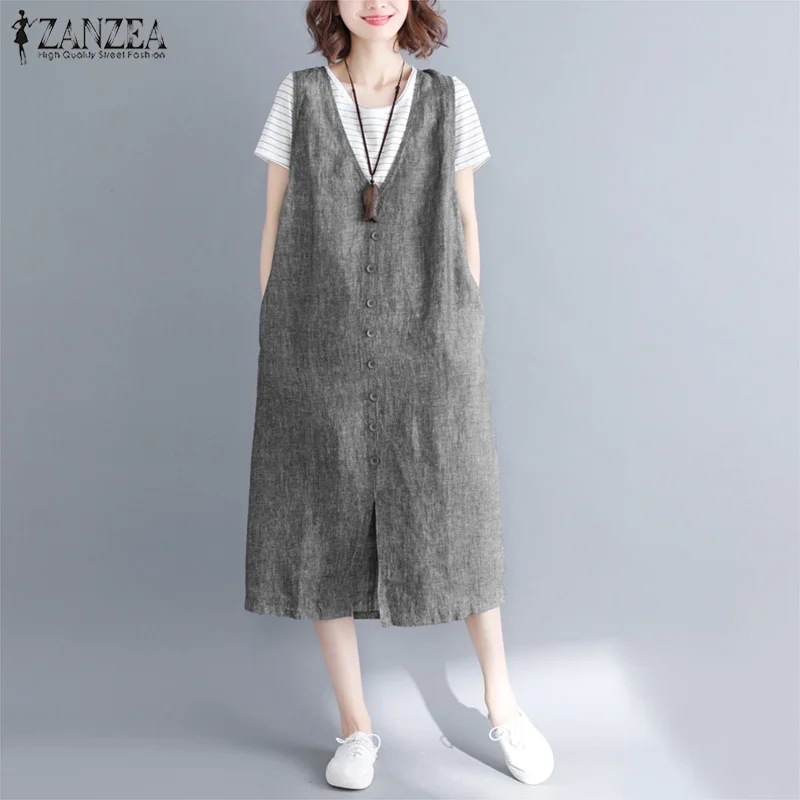 

ZANZEA 2019 Women V Neck Sleeveless Summer Overalls Dress Elegant Casual Loose Dress Solid Vintage Tanks Vestido Baggy Sarafans