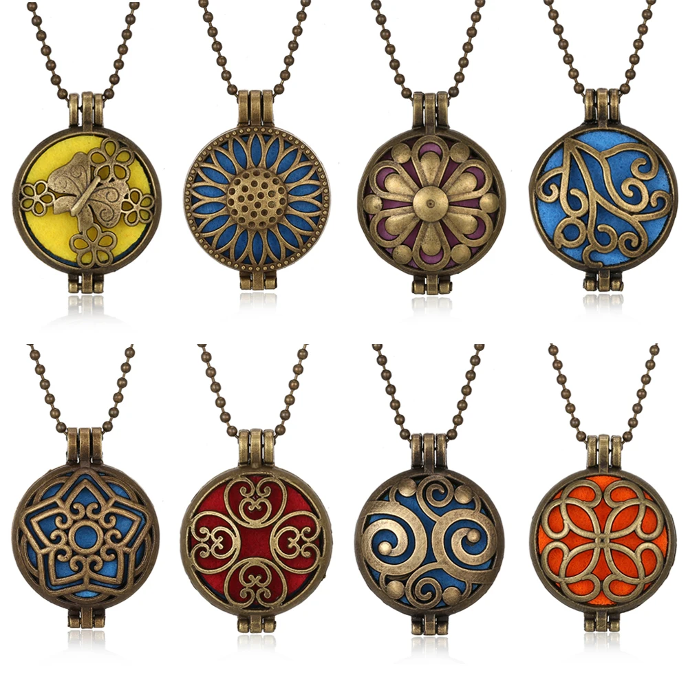 

Aromatherapy Necklace 30mm Bronze Magnetic Vintage Flower Locket Pendant Essential Oil Diffuser Jewelry Scent Perfume Necklace