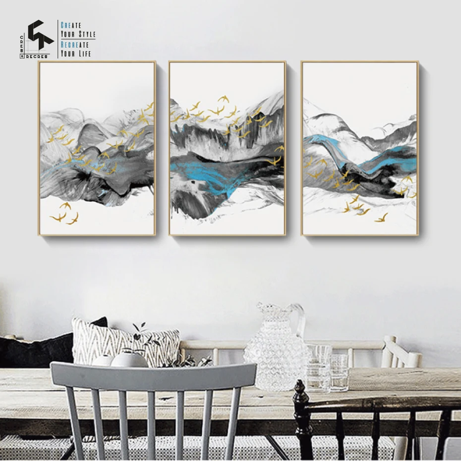 

CREATE&RECREATE Chinese Landscape Abstract Posters And Prints Wall Art 3PCS Canvas Oil Painting Decorative Pictures CR1810113015