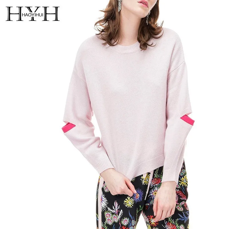 

HYH Haoyihui Leisure Girl Long Slit Sleeve Sweater Color Collision Splicing Round Collar Pullover Women Knitting O-Neck Tops