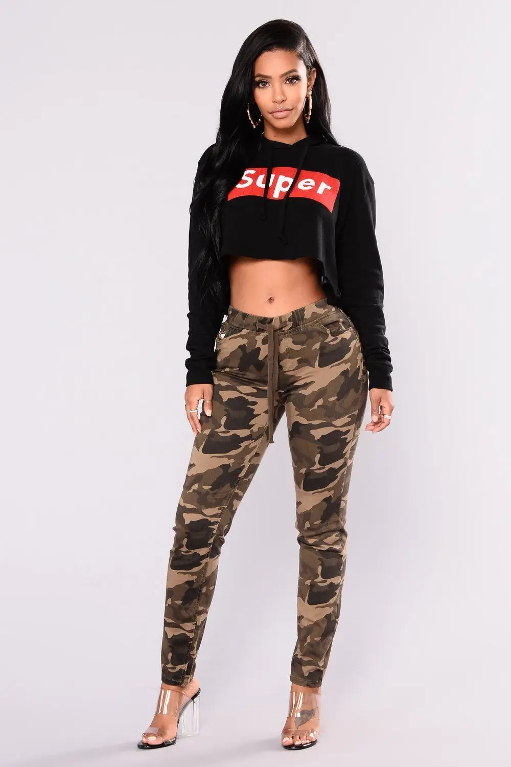 

Women Camo Cargo Pants Ladies Skinny Casual Army Camouflage Trousers Ladies High Waist Pants Female Elastic Pencil Pants