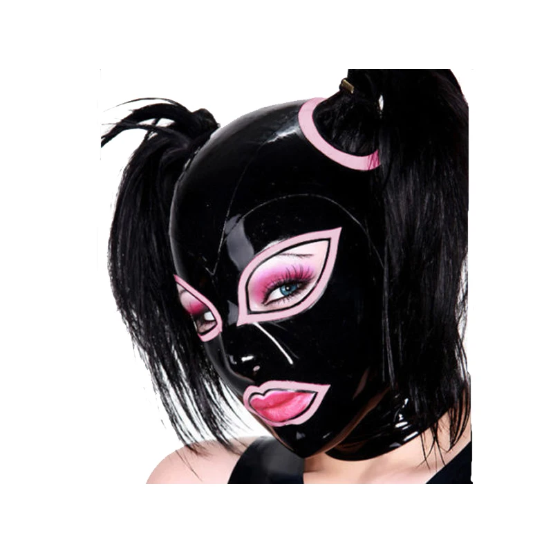 

Latex Rubber Mask Cosplay Masquerade Open Mouth and Eyes Black With Pink Mask 0.4mm XXS-XXL