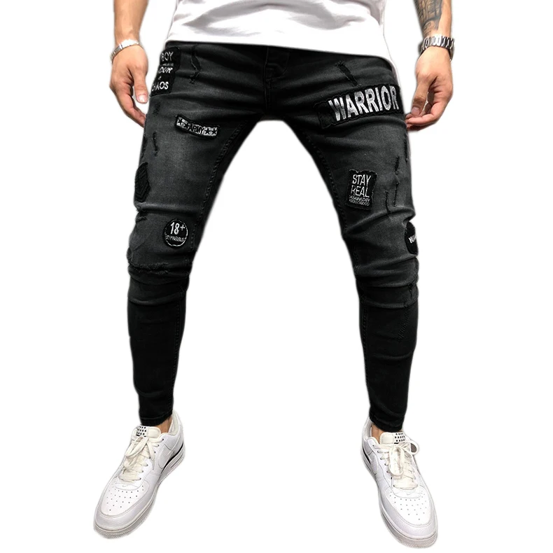 

New New Fashion Streetwear Men'S Jeans Knee Hole Ripped Embroidery Jeans Trousers Hip-Hop Slim Men Jeans Pants