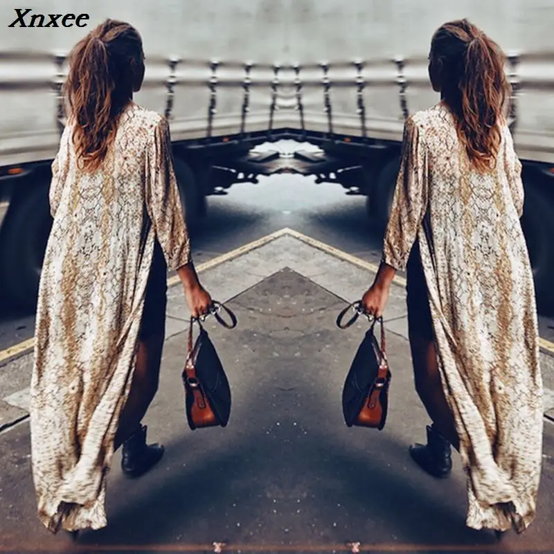 

2019 Summer Long Kimono Women Snakeskin Printed Chiffon Cardigan Cover Ups Long Sleeve Beach Boho Blouses Outwear Maxi Coverups