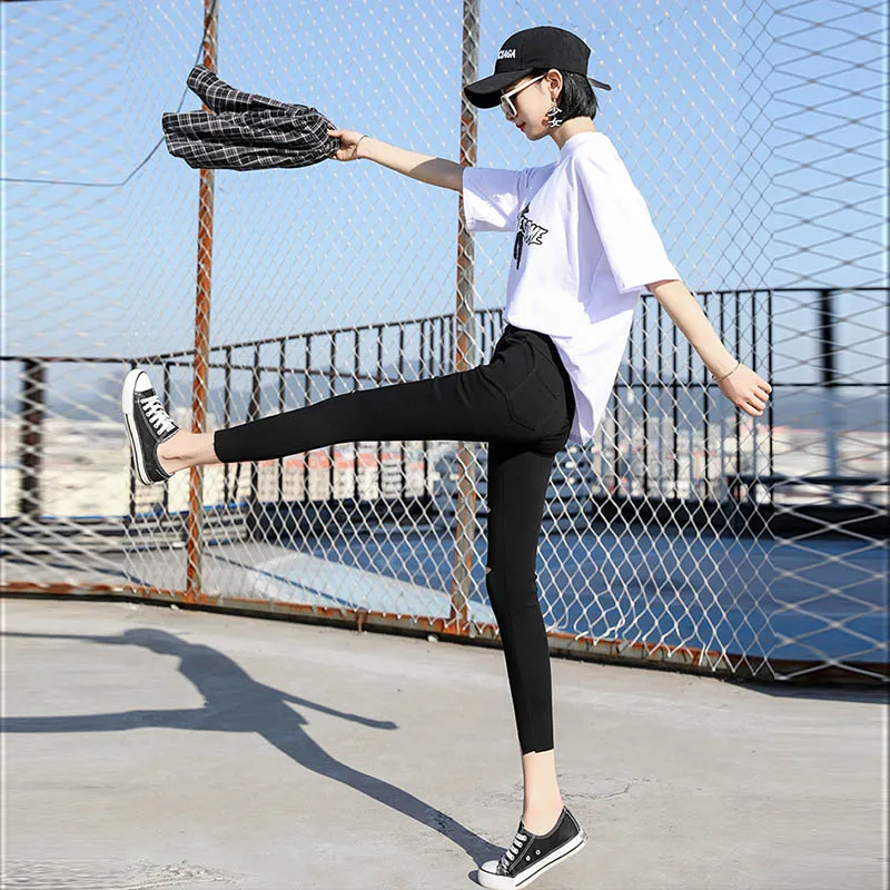 

Loyalget New wild black tight pencil pants Ladies Jean Trousers High Waist Hole Zip Belt Plain Pants Women Elegant Crop