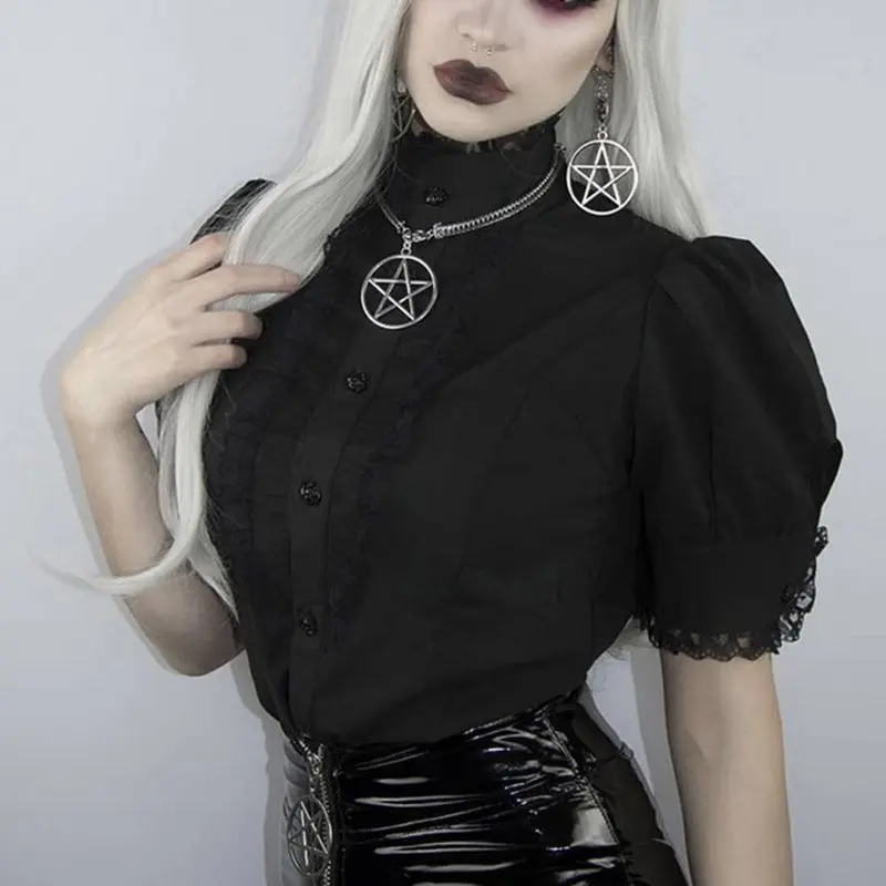 

Women Gothic Blouse Lace Draped Patchwork New Lolita Style Solid Black Sexy Slim 2019 Summer Top Girl Elegant Goth Blouses Shirt