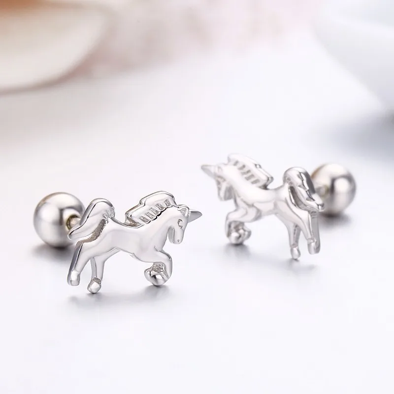 

Cute 925 Sterling Silver Small Unicornio Horse Screw Stud Earrings For Women Girls Kids Baby Piercing Jewelry Orecchini Aros