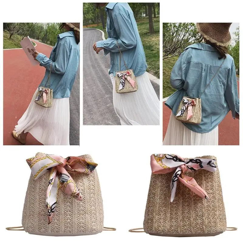 

2019 Summer Fashion New Handbag High quality Straw bag Women bag Round Tote bag Hand Metal Ring Chain Shoulder Travel bag