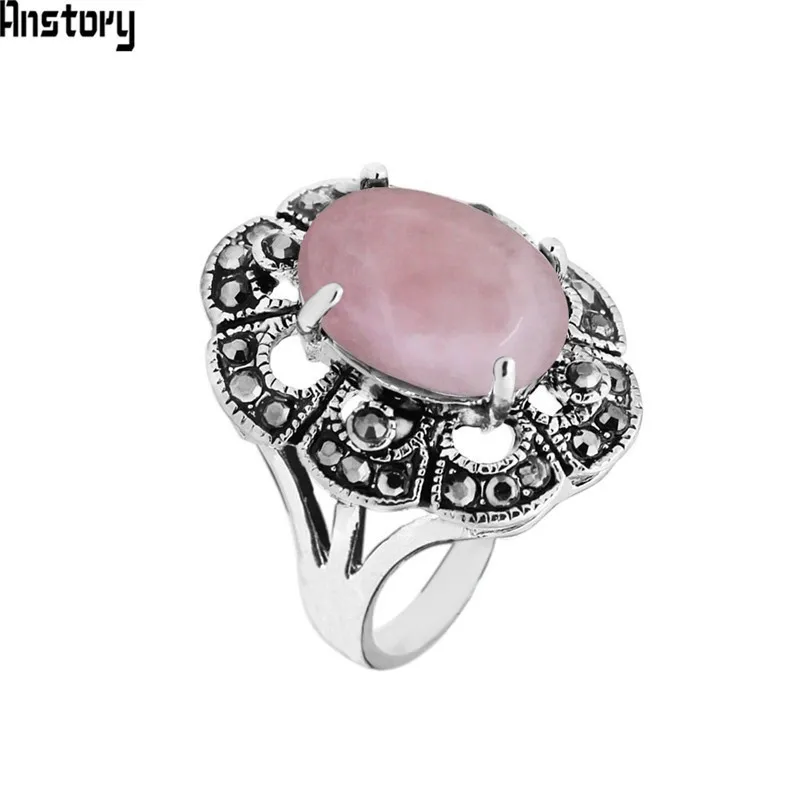 Oval Natural Stone Quartz Rings For Women Antique Silver Plated Rhinestone Plum Flower Vintage Fashion Jewelry TR710