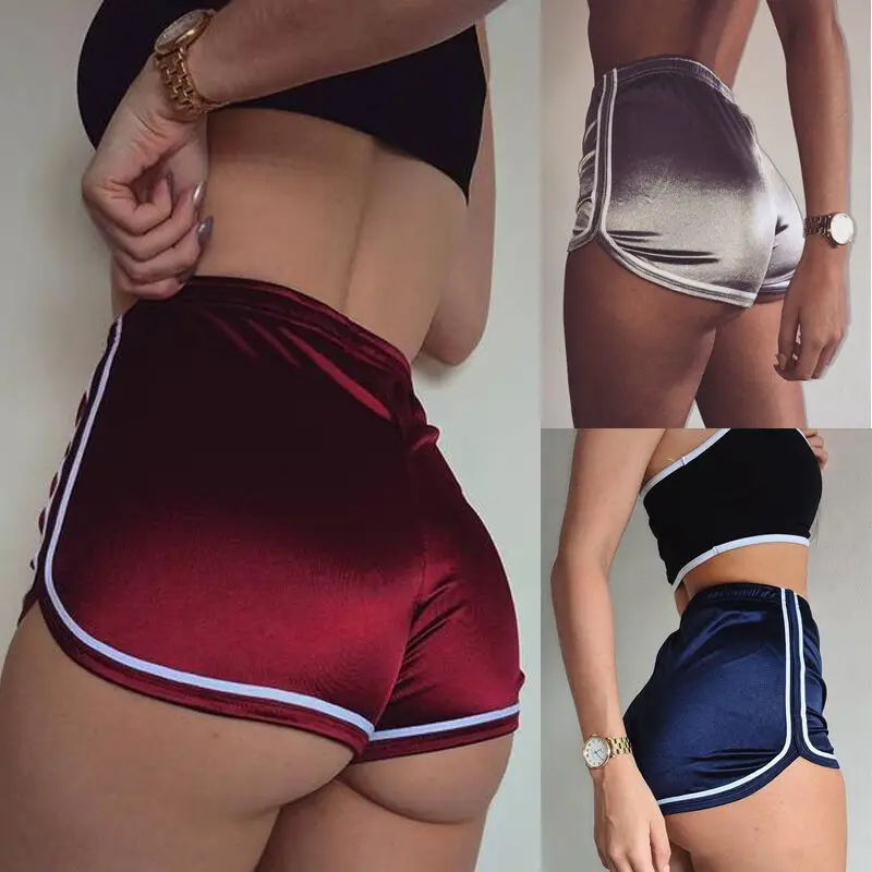 

Fashion Womens Summer Casual Beach Slim Ladies Striped Satin Silk High Waist Waistband Shorts Black Silver Wine Red