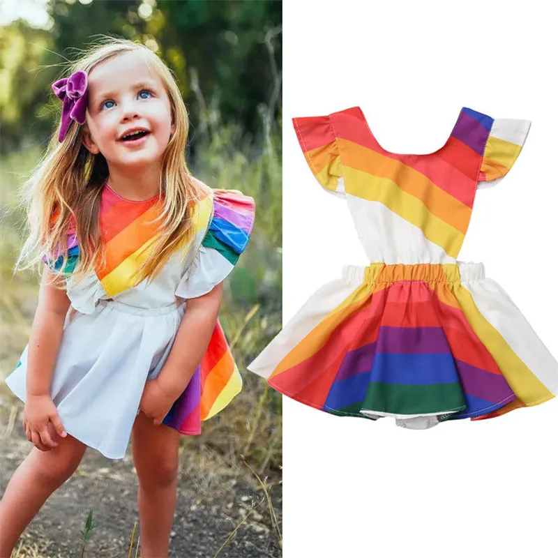 

2018 Fashion Summer Kids Baby Girls Rainbow Dress Girls Flying Sleeve Backless Princess Party Dress Girl Back Bow Dresses 1-5Y