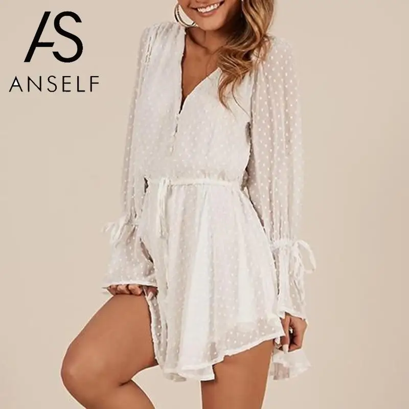 

Jumpsuits for Women 2019 Summer Chiffon Tracksuit Polka Dot Overalls V Neck Long Sleeves Bell Cuff Button laysuit Rompers female