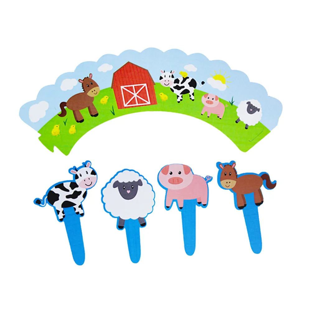 

24PCS Cupcake Wrappers and Toppers Decorative Cute DIY Cartoon Farm Theme Cupcake Toppers Wrappers for Birthday Home Party