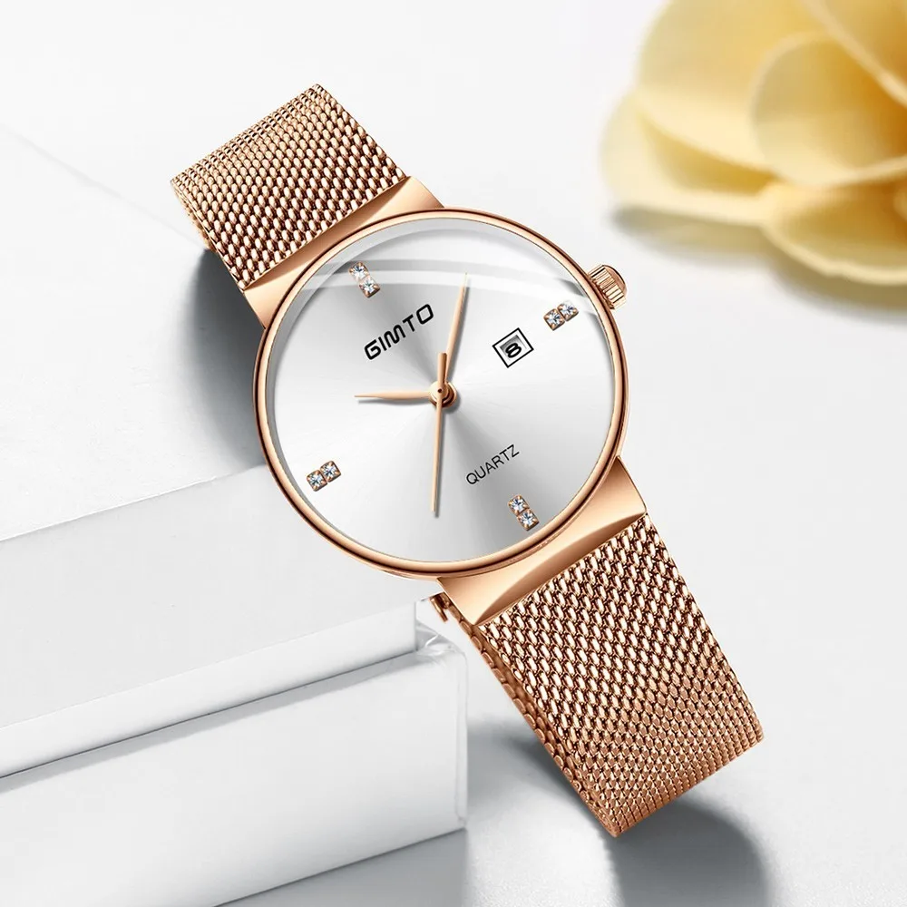 GIMTO, женские часы, Лидирующий бренд, роскошные женские часы,, кварцевые часы из розового золота, женские часы со стальным сетчатым ремешком, женские водонепроницаемые часы