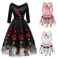 Vintage Rose Embroidery Mesh Midi Dress Casual V Neck Long Sleeve High Waist Swing Dress Retro Vestidos Black Lace Party Dress black swing long sleeve dress