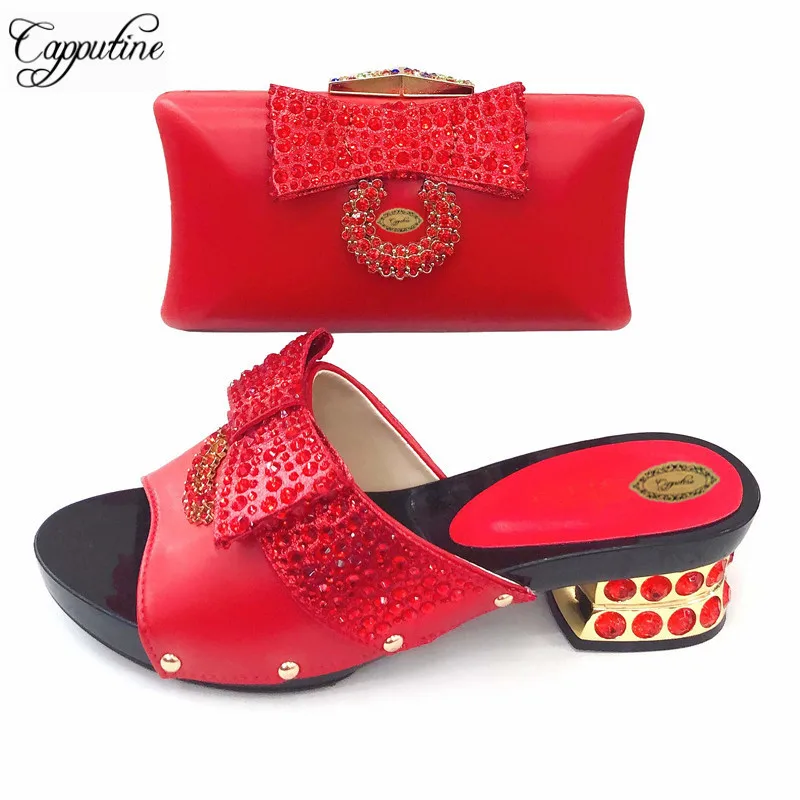 

New Arrival Italian Vogue Shoes And Bag Set Fashion Classics Rhinestone Woman Middle Heels Shoes And Bag Set For Party TX-530