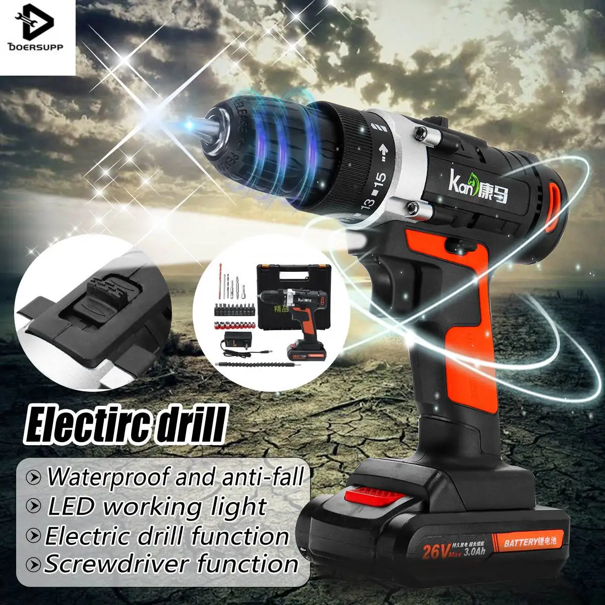 

Doersupp 1/2 Battery Rechargeable Electric Screwdriver Multifunction Power Tools Electric Drill WaterProof Mini Cordless Drill