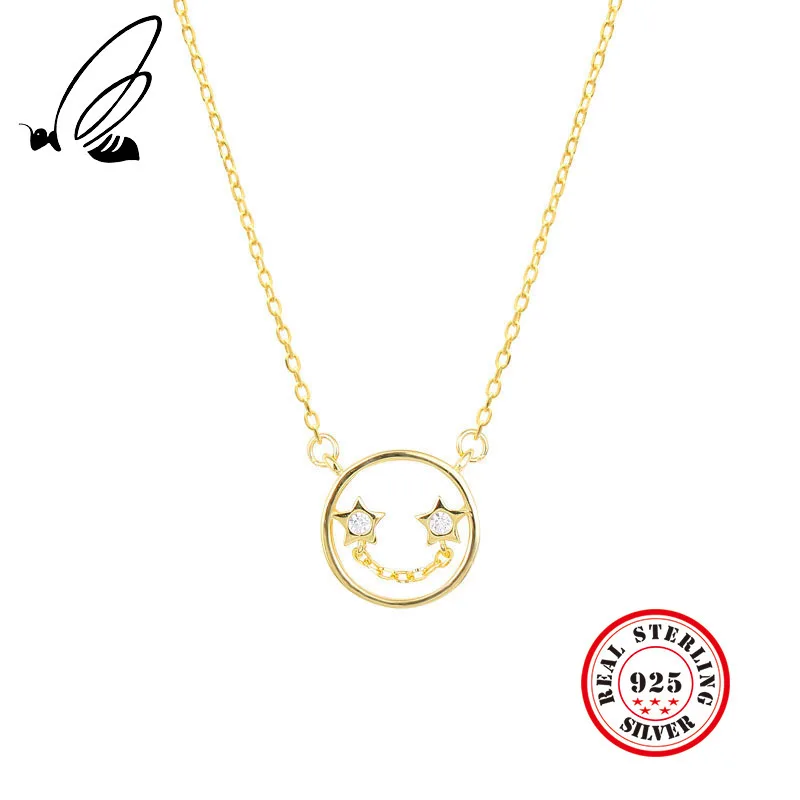 

S925 Sterling Silver Star Smiley Face Pendant Necklace Short Clavicle Necklace Female Gold Silver Jewelry Colgantes Mujer Moda