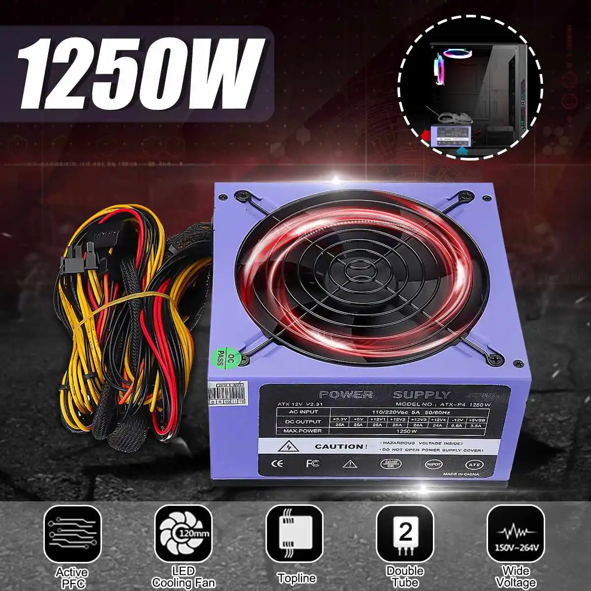 

1250W Power Supply 120mm LED Fan 24 Pin PFC PCI SATA ATX AMD PFC 12V Computer Power Supply for PC Desktop Game