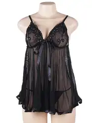 MISSKY женское платье сплошной цвет плюс размер сексуальная одежда для сна для женщин Глубокий V белье Полупрозрачное кружевное платье