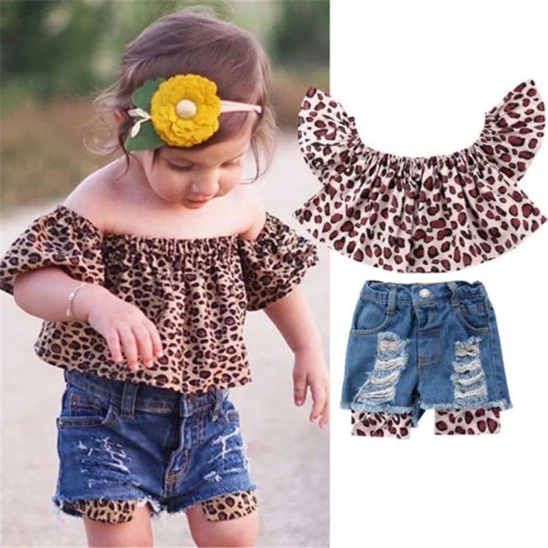 2Pcs Baby Kids Girls Clothing Off-the-shoulder Blouse Tops+Denim Shorts Outfits
