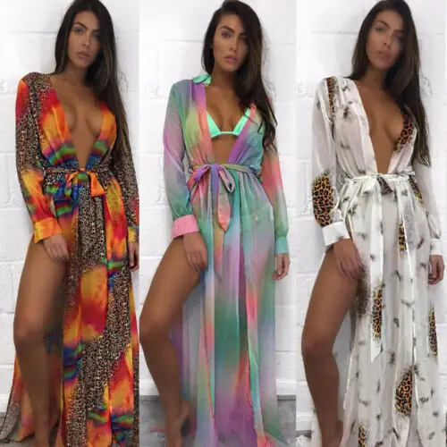 

Women Sheer Bikini Cover Up Swimwear Swimsuit Long Sleeve V Neck Leopard Summer Beach Maxi Dress