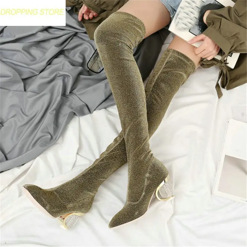 

2019 Thigh High Boots Women Velvet Rount Toe Over The Knee Boots Lady Stretchy Slim Leg High Heel Party Pumps Shoes