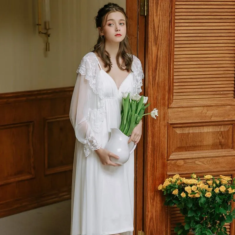 Two 2 Pieces Sleepwear Women Night Wear Home Robe Gown Set Transparent Kimono Lace Nightie Peignoir Sets | Женская одежда