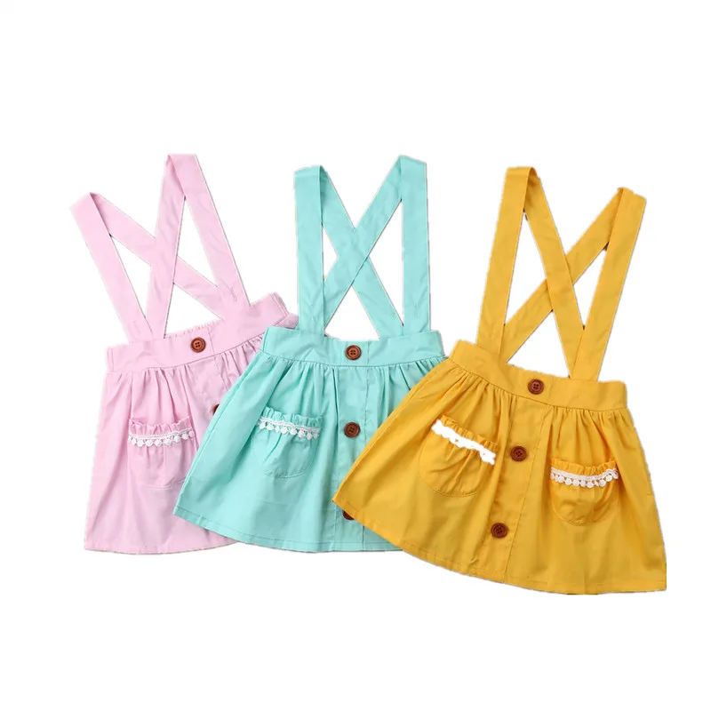 Lovely Kids Baby Girls Ruffle Pocket Button Strap Dress Sunlight Outfits Costume 3 Colours | Детская одежда и обувь