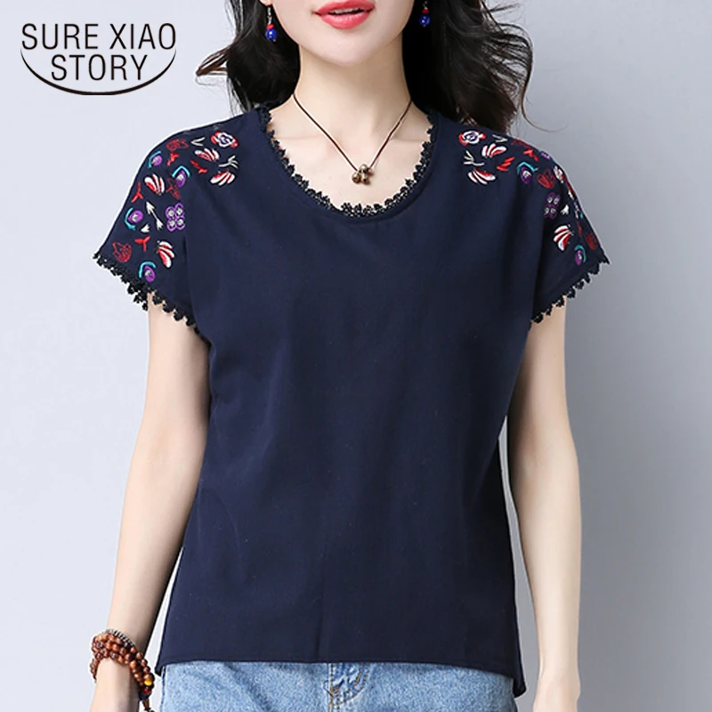 new summer women blouse shirt fashion casual o-neck female ladies tops floral embroidery solid women's clothing 0284 40