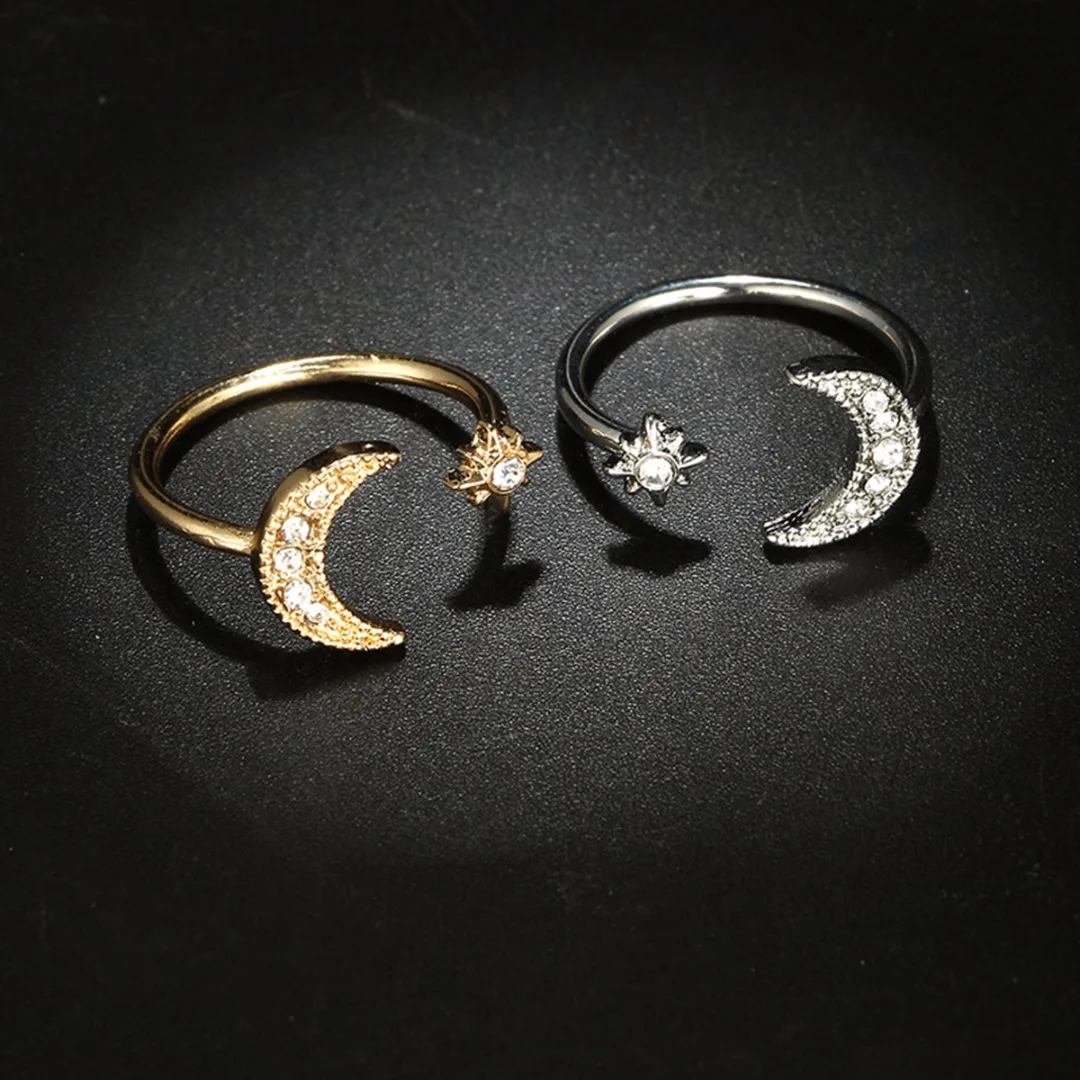 

Sainio Chic Crescent Moon and Tiny Star Rings for Women Silver Gold Color Adjustable Open Crystal Kunckle Ring Jewelry Gift
