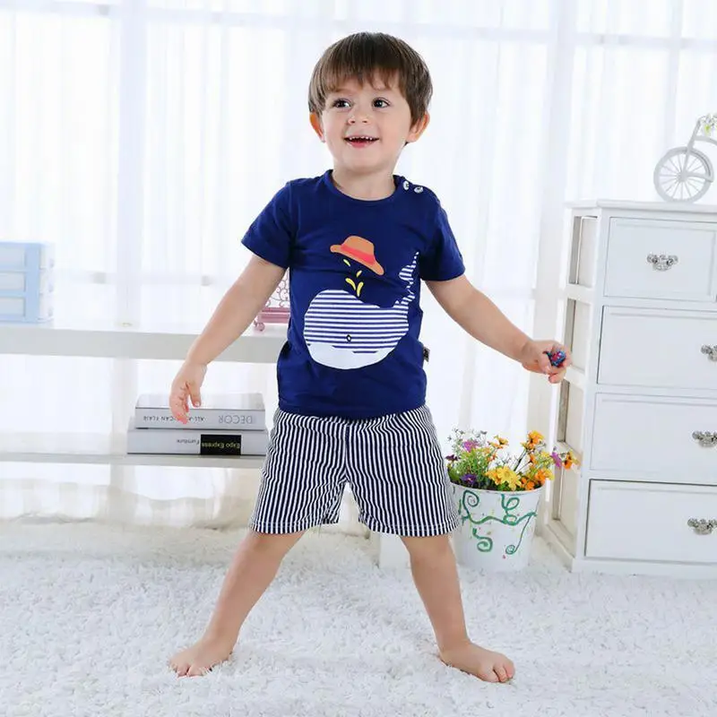 

Toddler Kids Baby Boys Blue Pajamas Children's Summer Sports Suit Cotton Short Sleeve T Shirt Shorts Outfits Set