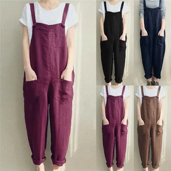 4XL Womens Sleeveless Dungarees Rompers Cotton Linen Jumpsuit Loose Preppy Style Pants Casual Pocket Overalls Playsuits 1