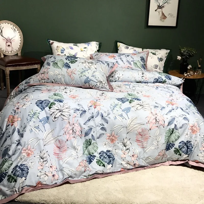 

Luxury Egyptian cotton bedding set Soft Satin blue leaf flower print pastoral bed linen duvet cover bedspread