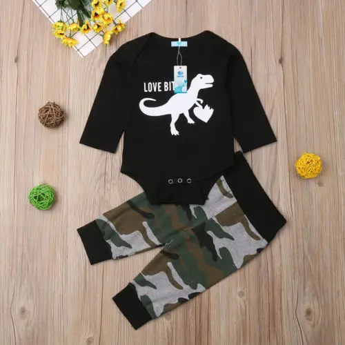 2pcs Newborn Baby Boys Clothes Dinosaur Tops Romper Camo Pants Outfits Kid Set |