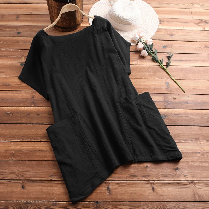 Туника размера плюс, топ ZANZEA, Женская Льняная блуза, винтажные рубашки с коротким рукавом, Женская мешковатая сорочка с карманами, летняя Рабочая блуза