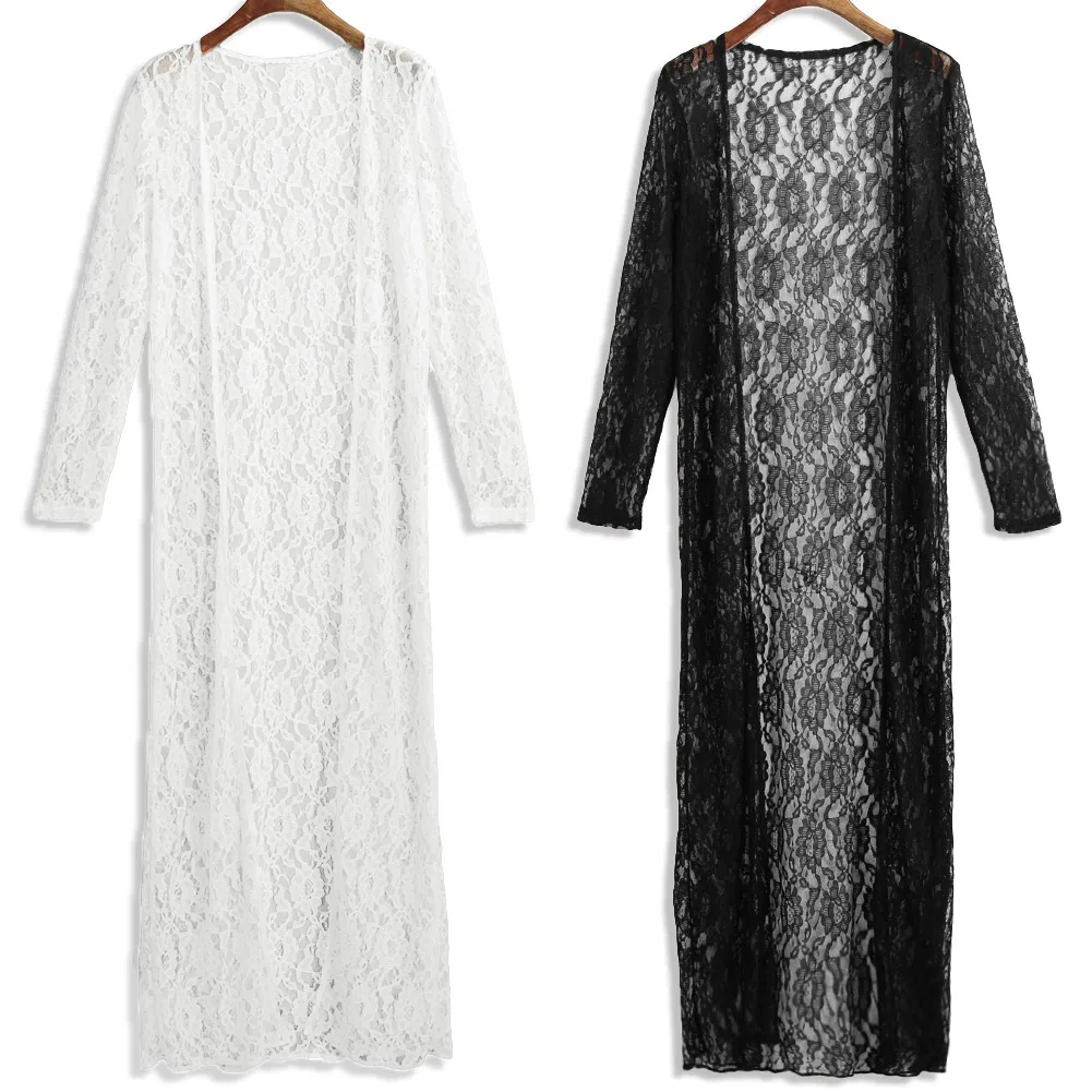 Floral Lace Women Kimono Cardigan Blouse Semi Sheer Plus Size 5XL Solid Open Front Long Elegant Summer Beach Cover Up Cardigan