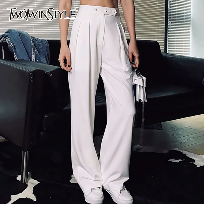 

TWOTWINSTYLE Casual Solid Women Trousers High Waist Big Size White Wide Leg Pants Female Spring 2019 Fashion Clothing New