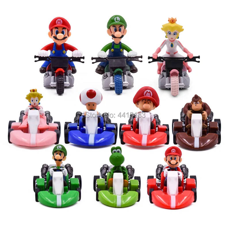 10 Styles/set Anime Figura Super Mario Bros Kart Pull Back Car Cute PVC Action Figure Doll Collectible Model Baby Toy For Kids 