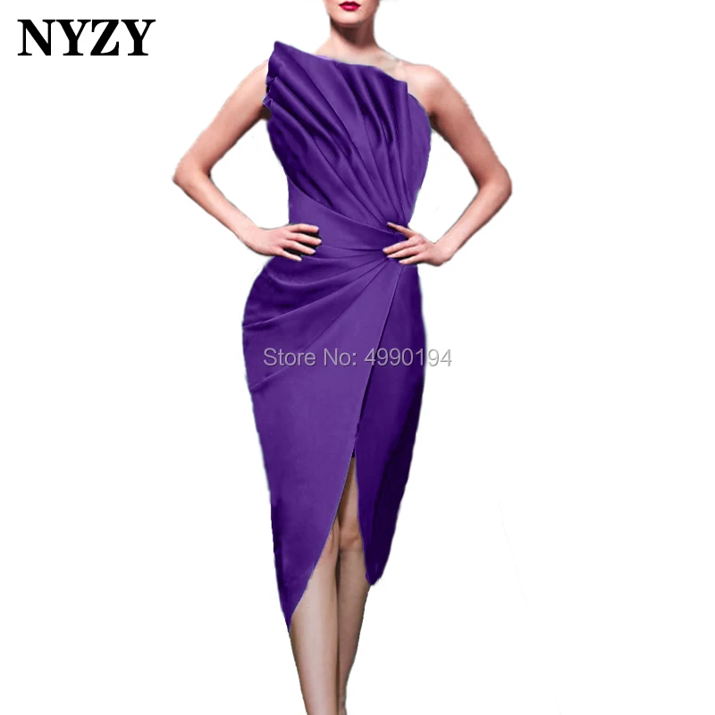 NYZY C102 Robe Cocktail Dress Emerald Green Satin High Slit One Shoulder Evening Dress Short vestido coctel