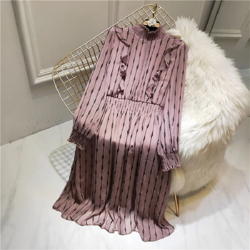 2021 Summer Elegant Ruffles Women Maxi Dress Designer Runway Long Sleeve Elastic Waist Female Party Dresses Clothing | Женская одежда