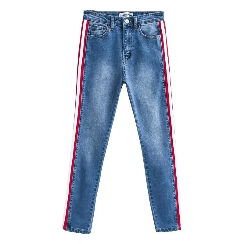 JRNNORV/джинсы с высокой талией, женские облегающие джинсы с полосками по бокам, в стиле пэчворк, все подходящие повседневные брюки, Короткие