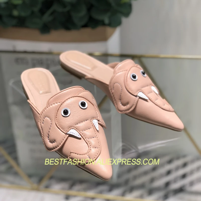 

Chic Spring Summer Shoes Woman Casual Leather Slippers Design Elephant Pointed Toe Lazy Mules Woman Cozy Flats Outside Slippers